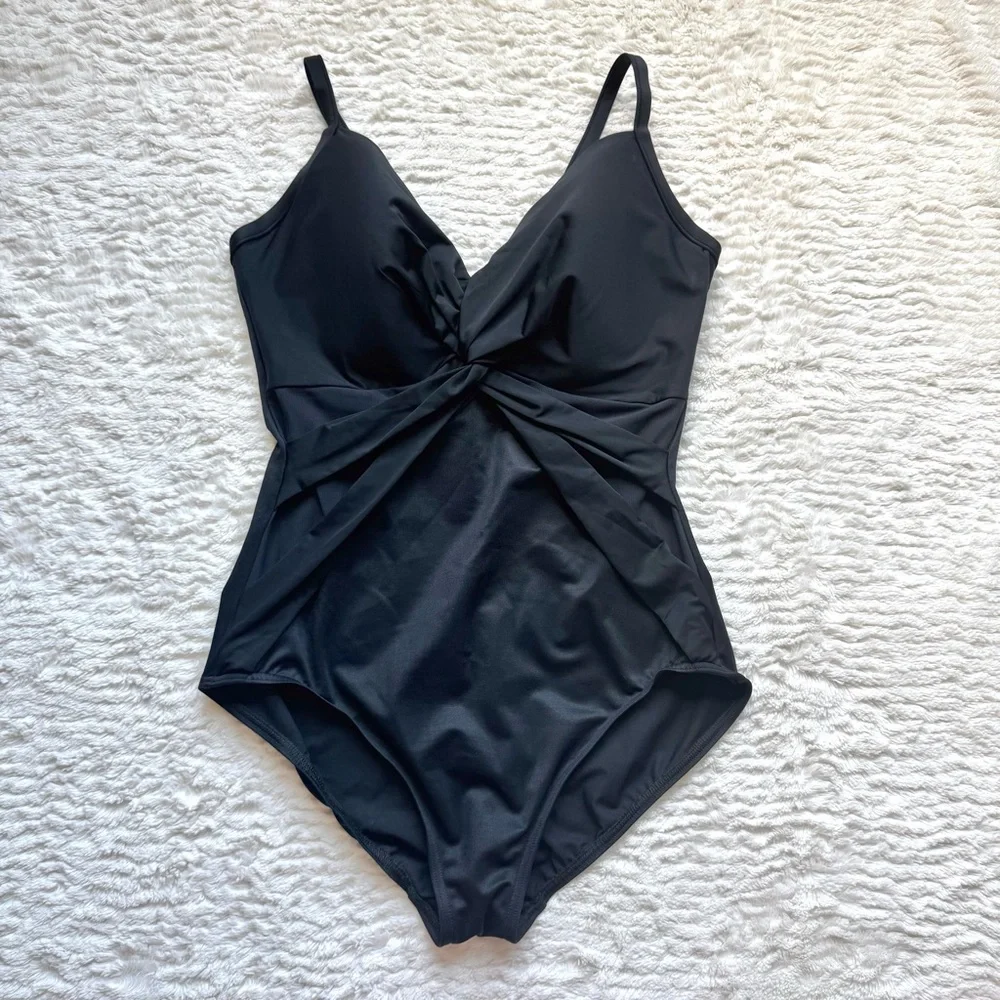 Miraclesuit Belle One Piece Swimsuit $182 Size 16 Black Mesh Panels V Neck Twist